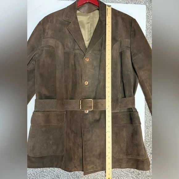 Men's Vintage Brown Suede Jacket, belt and pockets, L - Picture 5 of 16